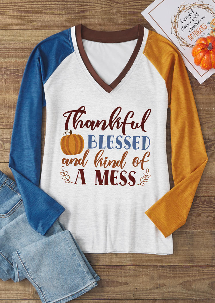 Thankful Blessed & Kind Of A Mess Pumpkin T-Shirt Tee