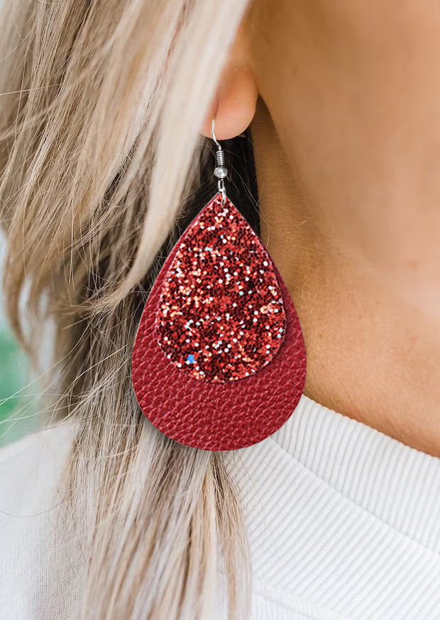 

Glitter Leather Dual-Layered Water Drop Earrings, Red, SCM020973