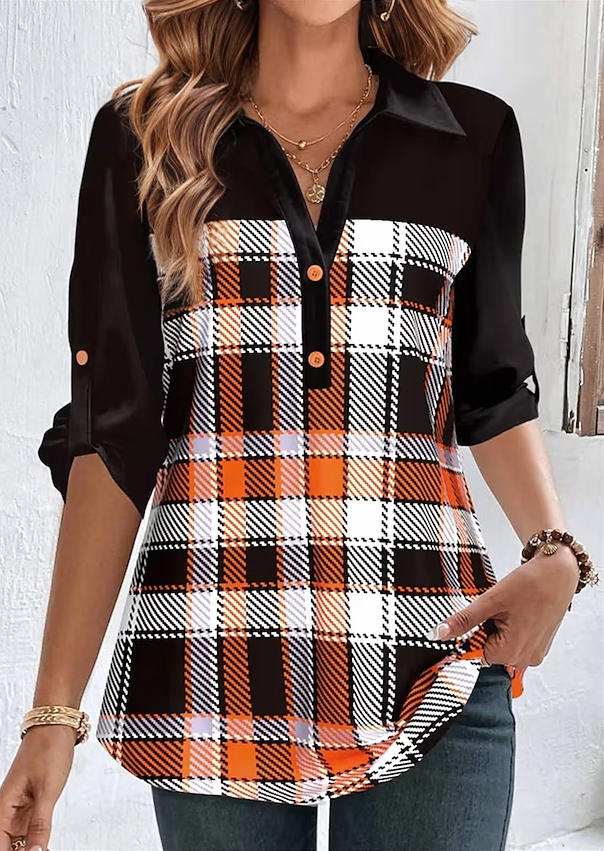 

Autumn Plaid Turn-Down Collar Tab-Sleeve Blouse, Multicolor, SCM021039