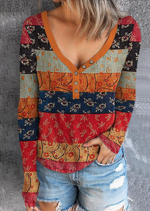 

Floral Color-Blocked Button Blouse, Multicolor, SCM021040
