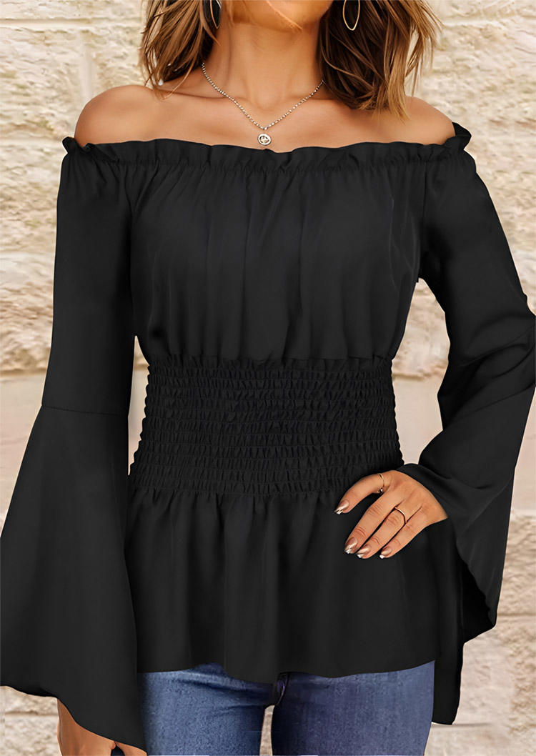 Ruffled Smocked Off Shoulder Blouse - Black