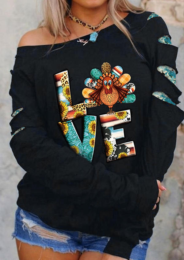 

Thanksgiving Love Turkey Fake Two-Piece Sweatshirt - Black, SCM020977