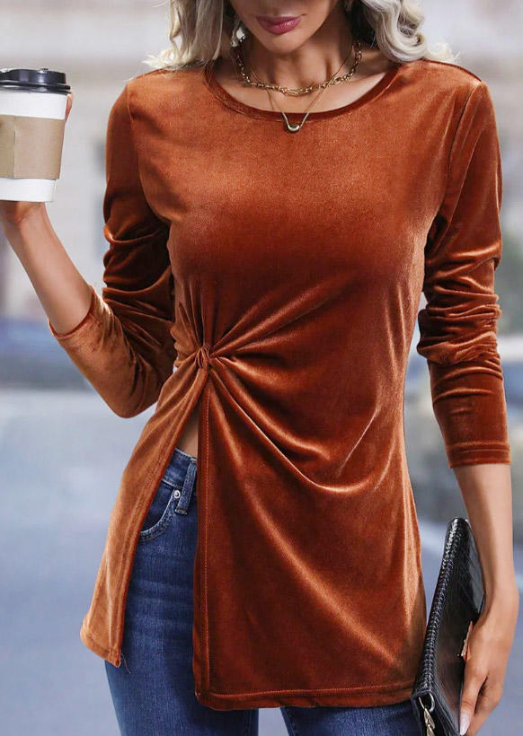 

Soft Velour Twist Long Sleeve Blouse - Brown, SCM020980