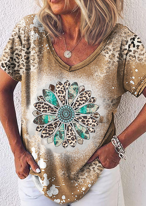 

Leopard Turquoise Sunflower Bleached T-Shirt Tee, Multicolor, SCM020986