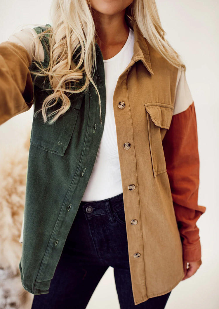 

Color-Blocked Button Pocket Turn-Down Collar Jacket, Multicolor, SCM021114