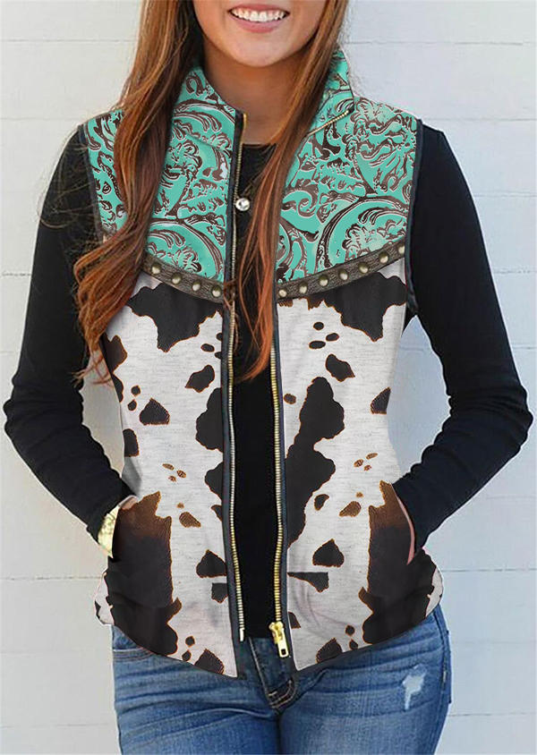 Cow Abstract Graphic Zipper Pocket Warm Vest Coat