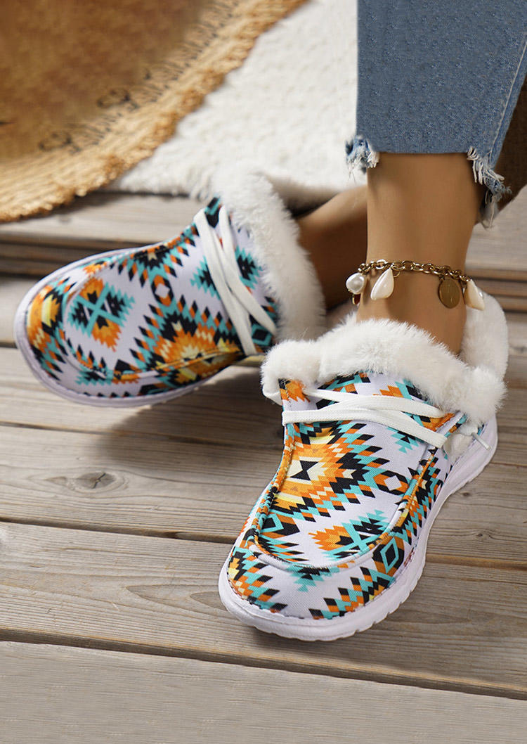 Aztec Geometric Lace Up Plush Warm Flat Sneakers