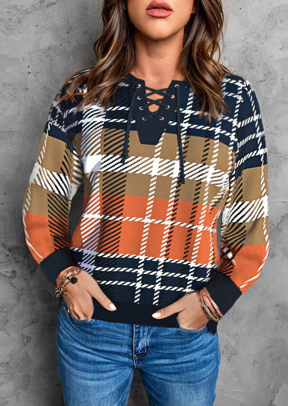 

Classic British Plaid Color-Blocked Lace Up Sweatshirt, Multicolor, SCM020964