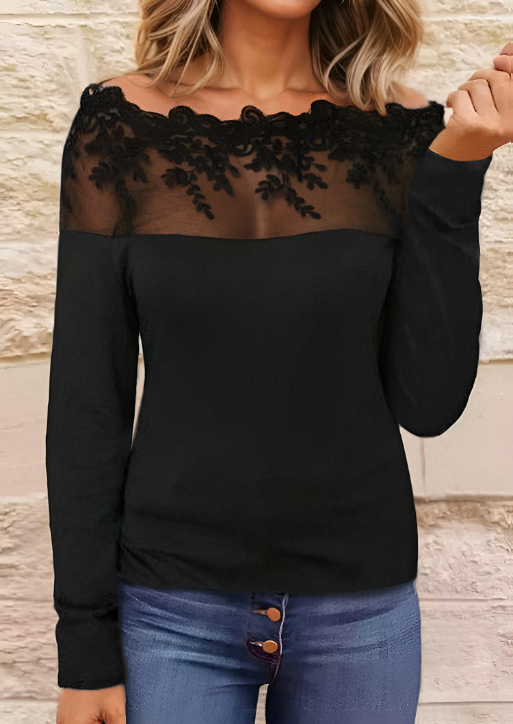 

Lace Mesh Stitching Long Sleeve Blouse - Black, SCM020999