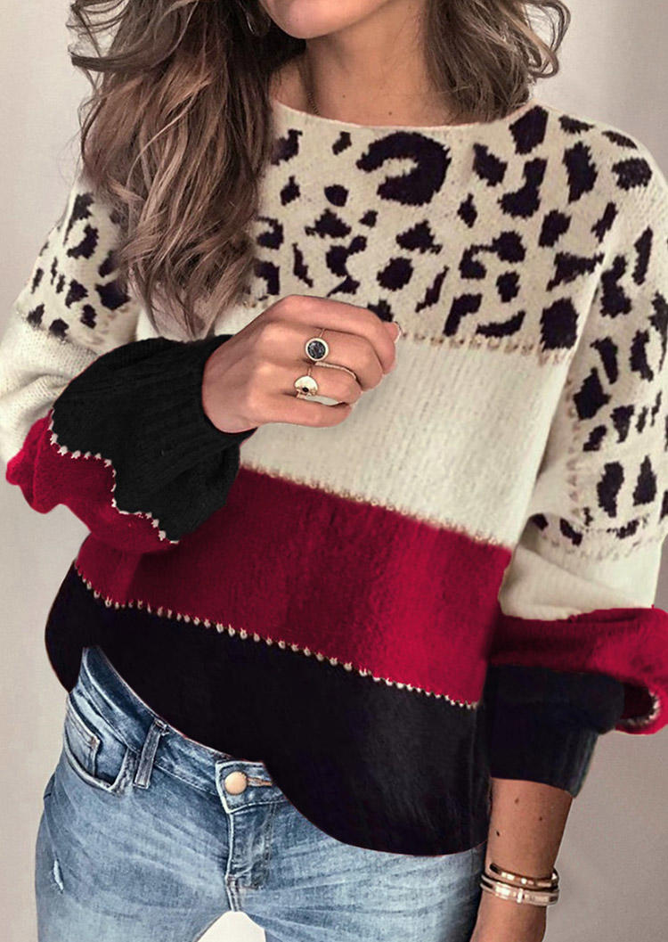 

Leopard Color-Blocked Knitted Sweater - Red, Multicolor, SCM021053