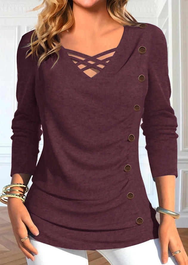 

Criss-Cross Ruched Button Blouse - Burgundy, Red, SCM020838