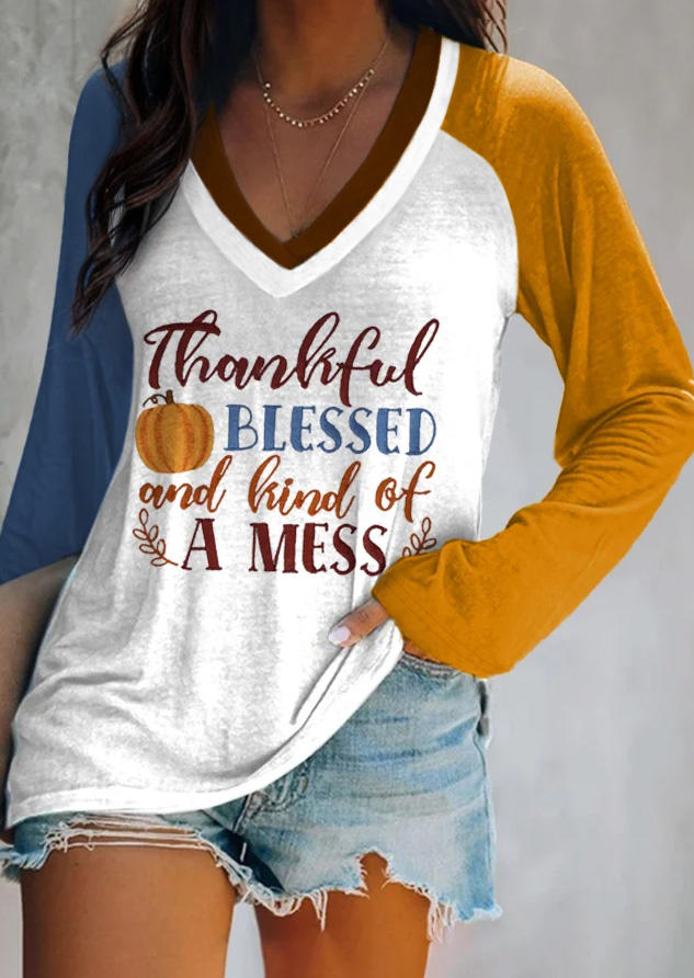 

Thankful Blessed & Kind Of A Mess Pumpkin T-Shirt Tee, Multicolor, SCM020954