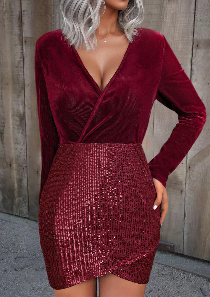 

Ribbed Sequined Long Sleeve V-Neck Bodycon Dress - Burgundy, Red, SCM020967