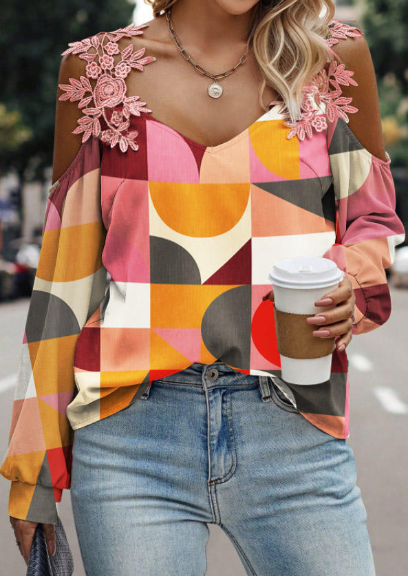

Color-Blocked Geometric Lace Cold Shoulder Blouse, Multicolor, SCM021155