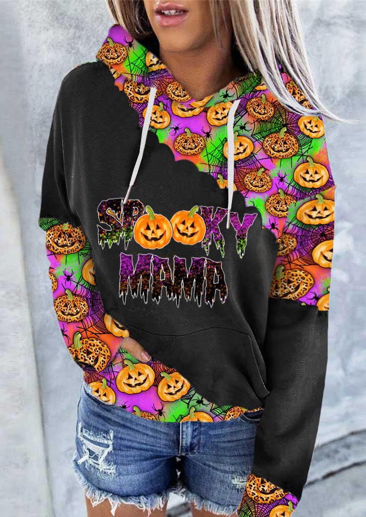 

Spooky Mama Pumpkin Face Kangaroo Pocket Hoodie - Black, SCM020926