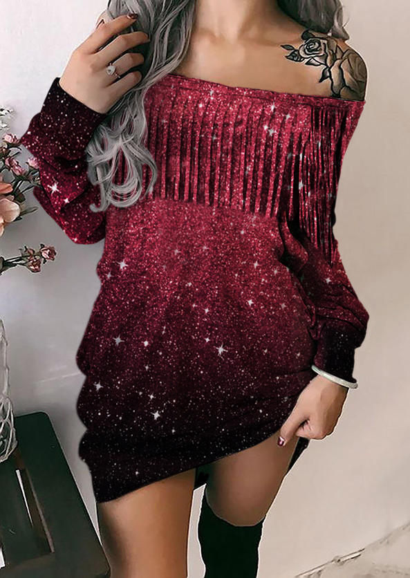 

Gradient Glitter Tassel Off Shoulder Sweatshirt Dress, Multicolor, SCM021136