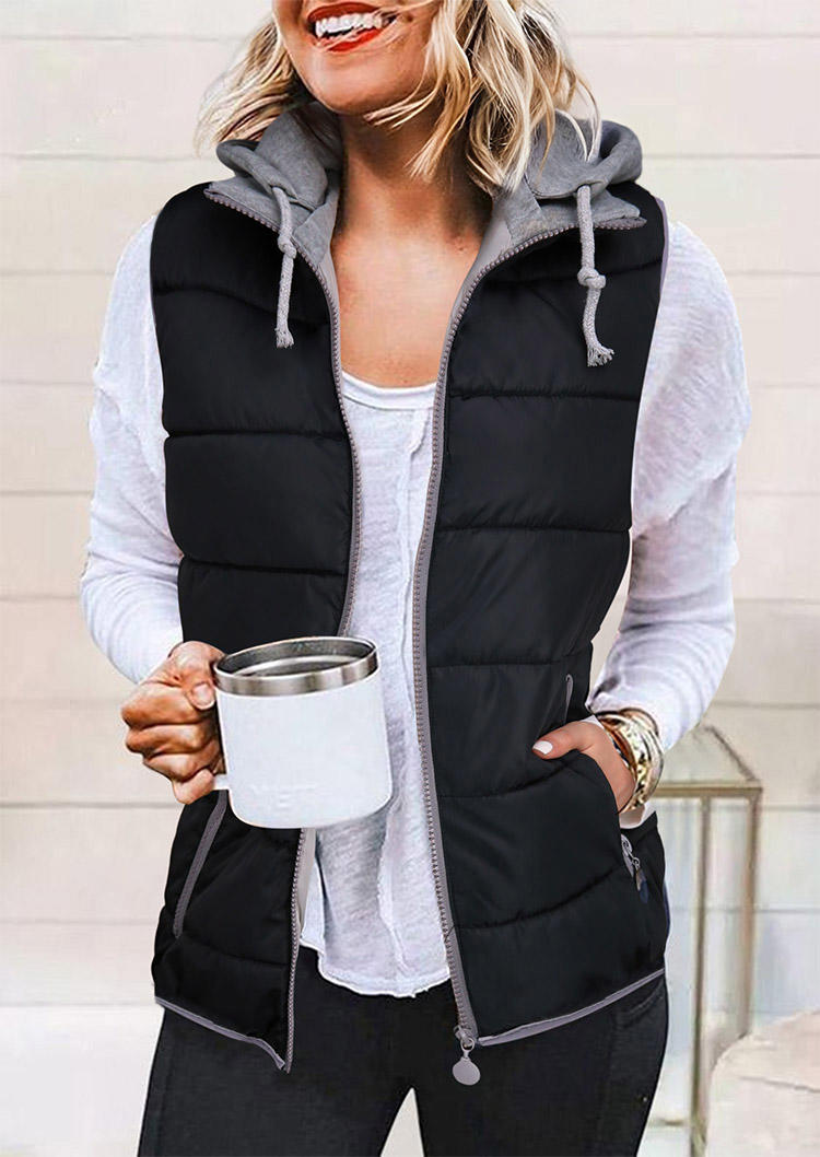 

Drawstring Pocket Zipper Hooded Vest Coat - Black, SCM021072