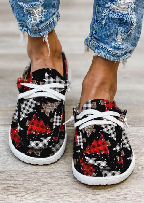 Christmas Tree Plaid Slip On Flat Canvas Sneakers