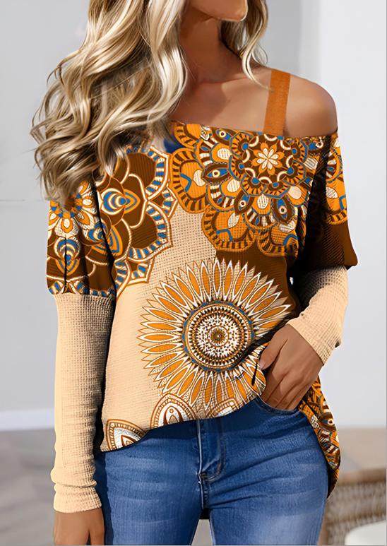 

Ethnic Floral Ribbed One Sided Cold Shoulder Blouse - Apricot, SCM021110