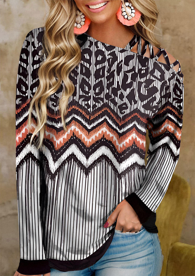 

Vertical Striped Zigzag Leopard Criss-Cross Slash Neck Blouse, Multicolor, SCM021225