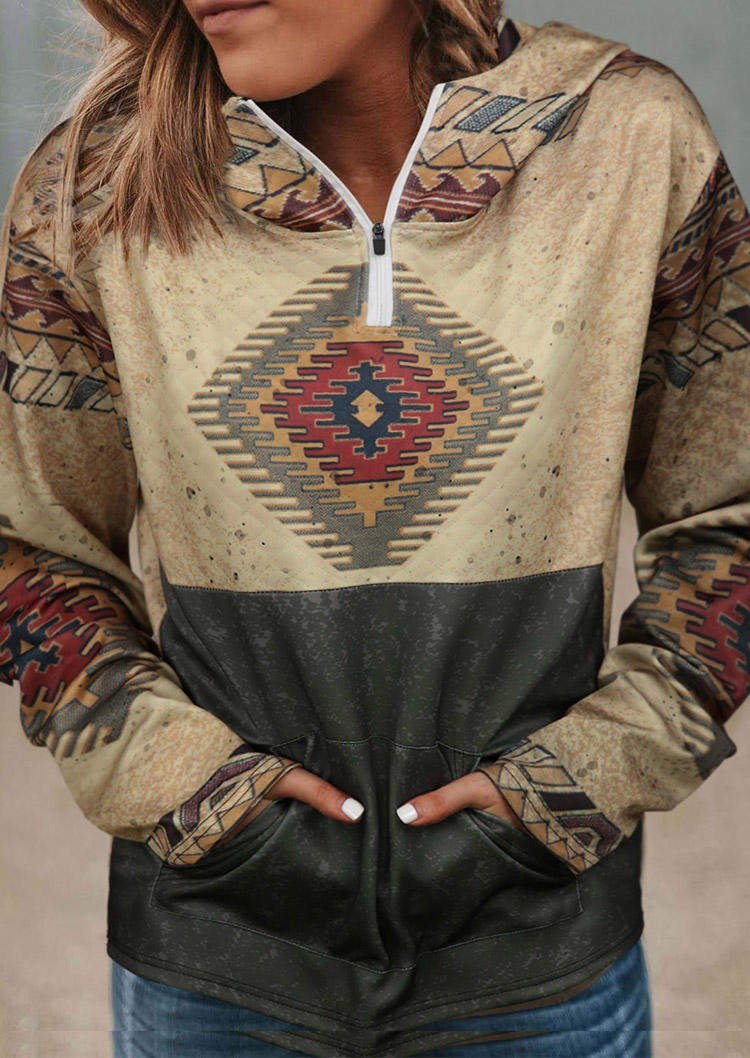 

Aztec Geometric Half Zipper Kangaroo Pocket Hoodie, Multicolor, SCM020746