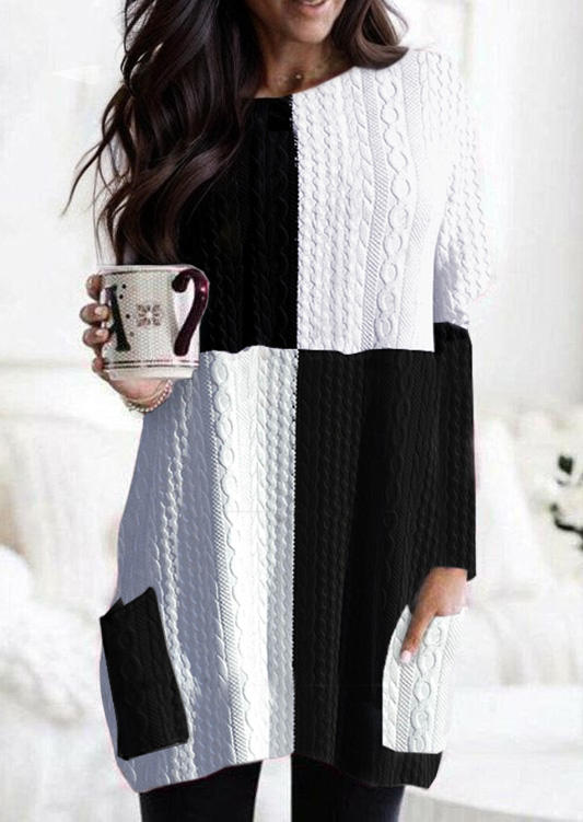 

Color-Blocked Pocket Textured Long Sleeve Mini Dress, Multicolor, SCM021127