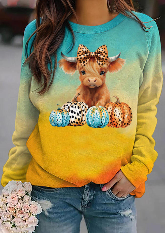 

Gradient Pumpkin Leopard Highland Cattle Sweatshirt, Multicolor, SCM021154