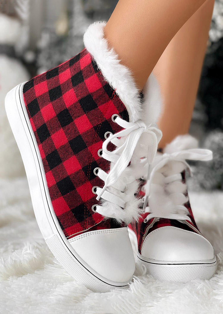 

Plaid Lace Up Plush Warm Flat Sneakers, Multicolor, SCM021182