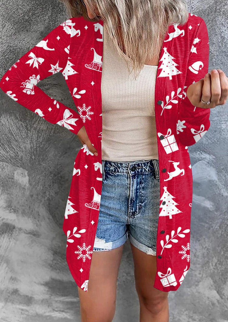 

Christmas Tree Reindeer Button Long Sleeve Cardigan - Red, SCM021192