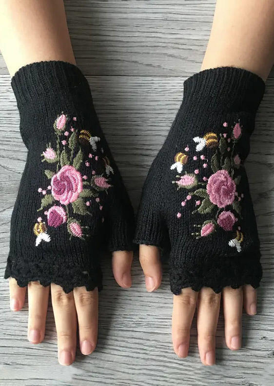 

Warm Floral Fingerless Knitted Gloves - Beige, Black, SCM021203