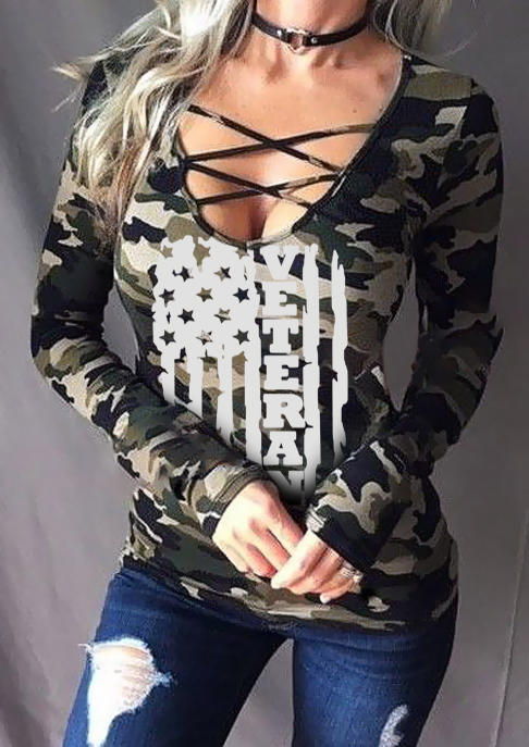 

Veterans Day American Flag Camouflage Criss-Cross Blouse, Multicolor, SCM021248