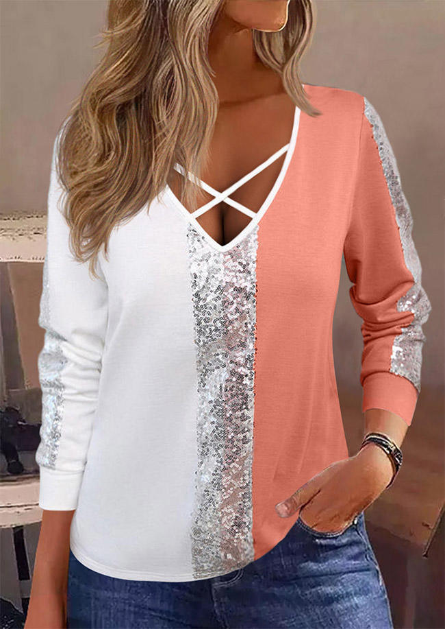 

Color-Blocked Glitter Criss-Cross V-Neck Blouse, Multicolor, SCM021252