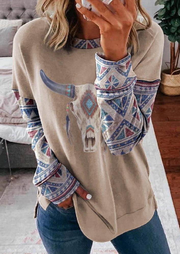 

Aztec Geometric Steer Skull Sweatshirt - Khaki, SCM021047