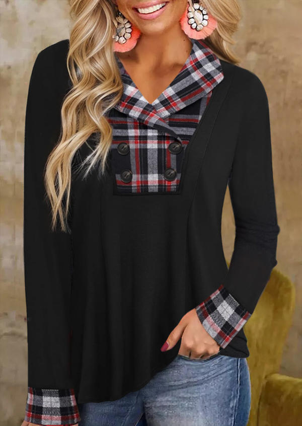 

Plaid Button Ruffled Turn-Down Collar Blouse, Black, SCM021113