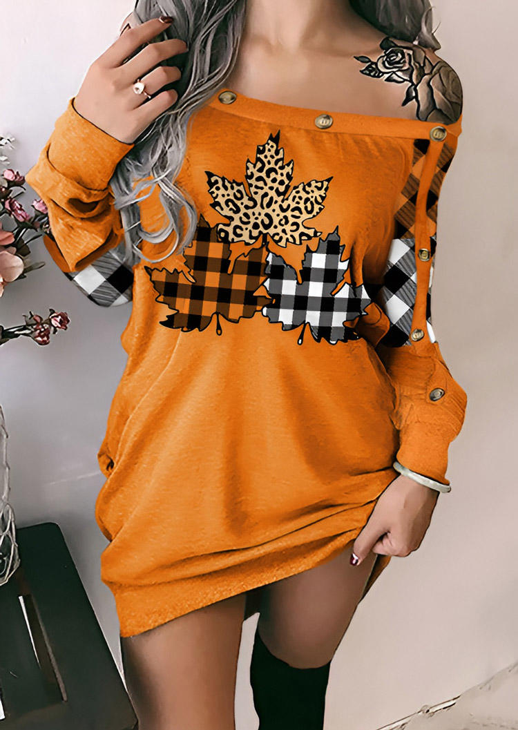 

Plaid Maple Leaf Button Sweatshirt Dress - Orange, SCM021174