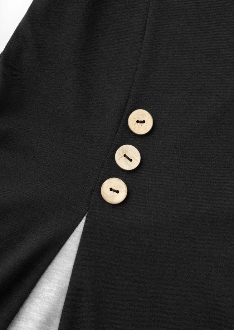 Color-Blocked Button Long Sleeve O-Neck Blouse - Black