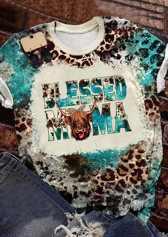 

Blessed Cow Mama Leopard Bleached T-Shirt Tee, Multicolor, SCM021228