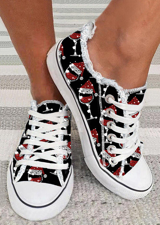 

Christmas Wine Glass Glitter Frayed Sneakers - Black, SCM021255