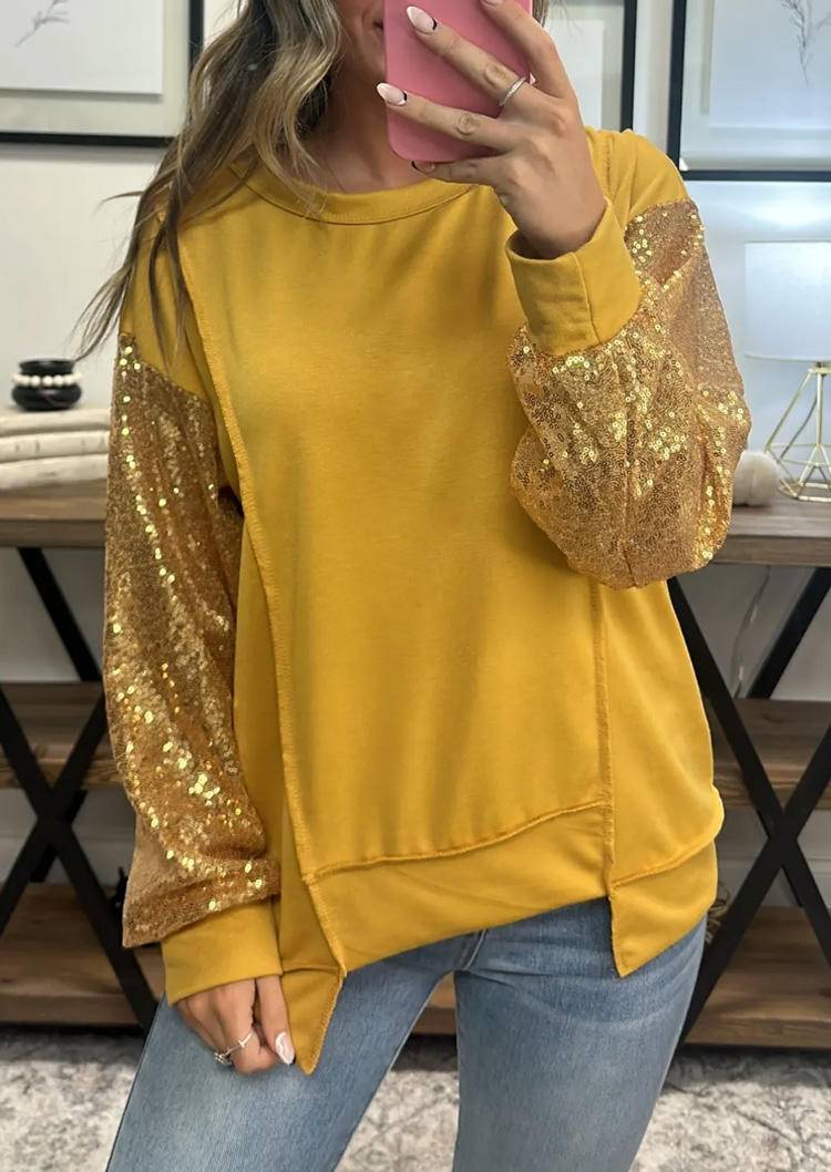 

Sequined Irregular Drop Shoulder O-Neck Blouse - Yellow, SCM021327