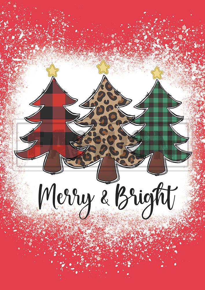 Merry & Bright Christmas Tree Leopard Plaid Bleached T-Shirt Tee - Red