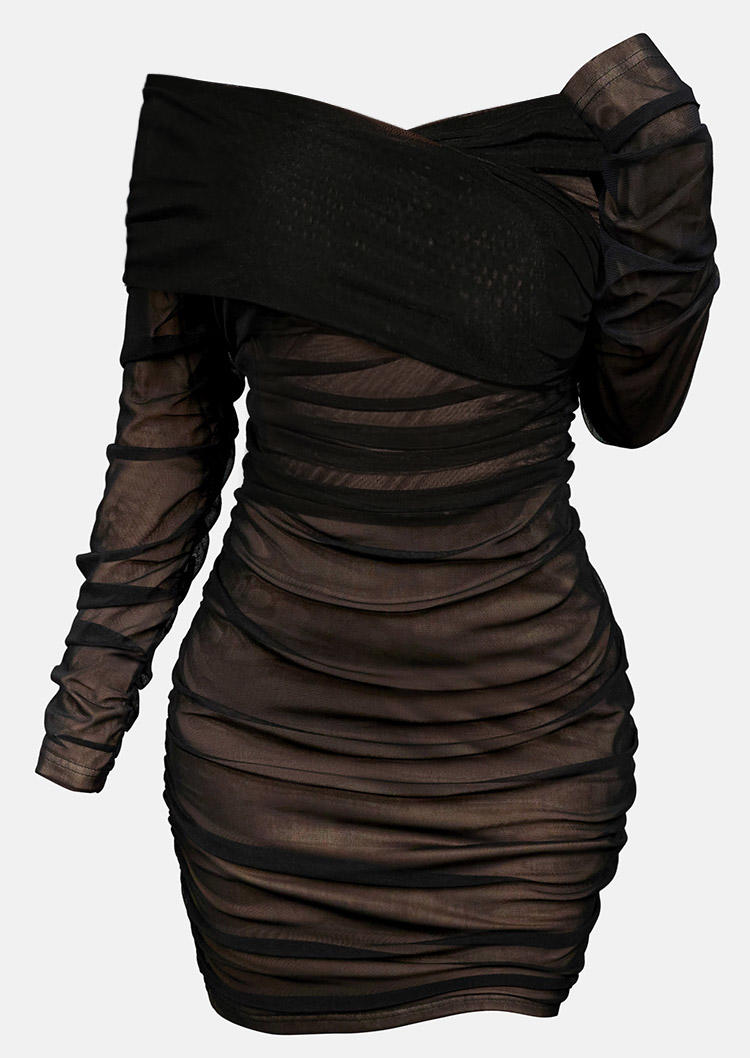 Ruched Wrap Mesh Off Shoulder Bodycon Dress - Black