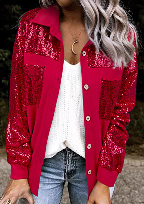 

Sequined Pocket Turn-Down Collar Coat - Red, SCM021224