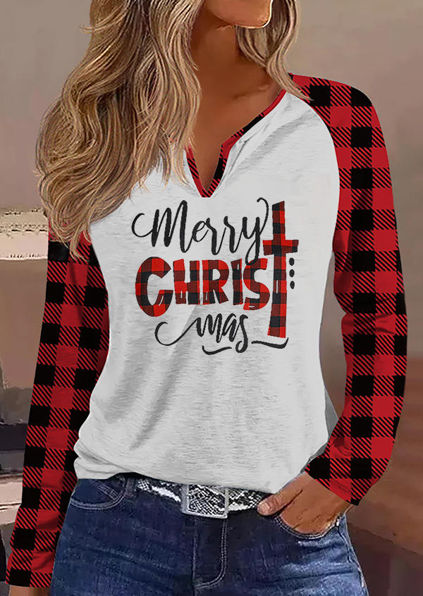 

Merry Christmas Buffalo Plaid Notched Collar Blouse - Red, SCM021298