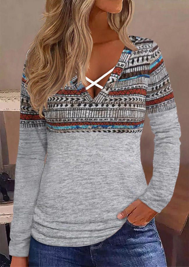 

Ethnic Geometric Criss-Cross V-Neck Blouse - Light Grey, Gray, SCM021335