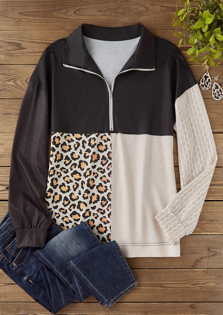 Leopard Color Block Zipper Collar Sweatshirt
