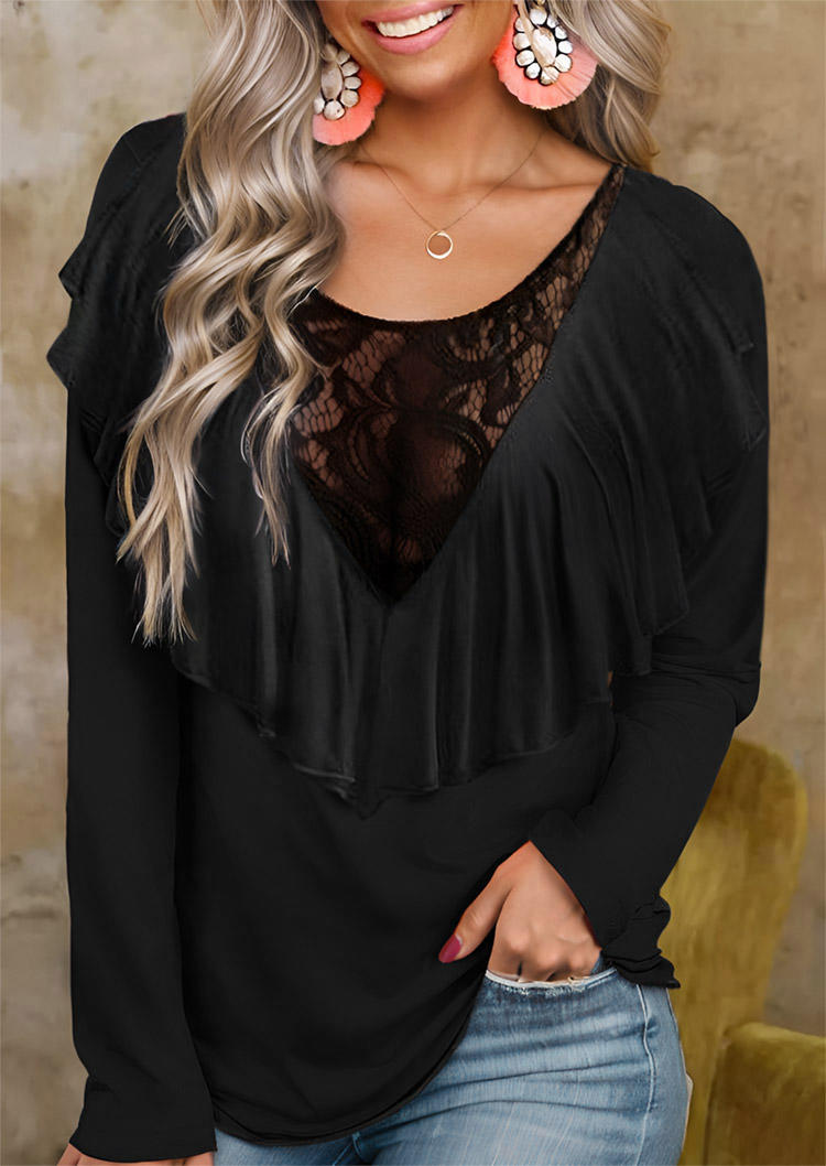 

Lace Stitching Ruffled Layered Blouse - Black, SCM021169