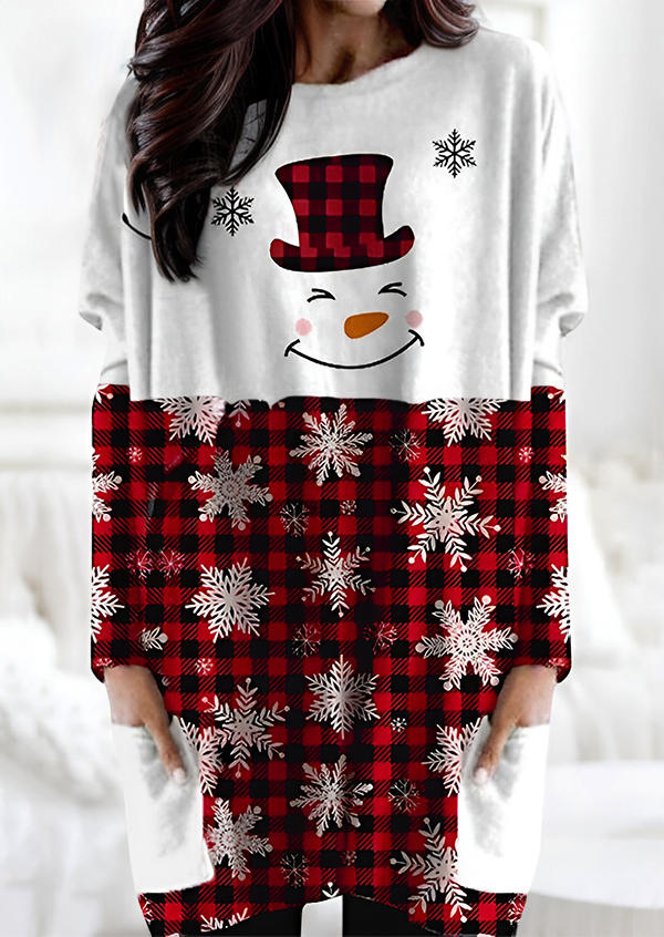 

Christmas Plaid Snowman Snowflake Pocket Mini Dress, Multicolor, SCM021212