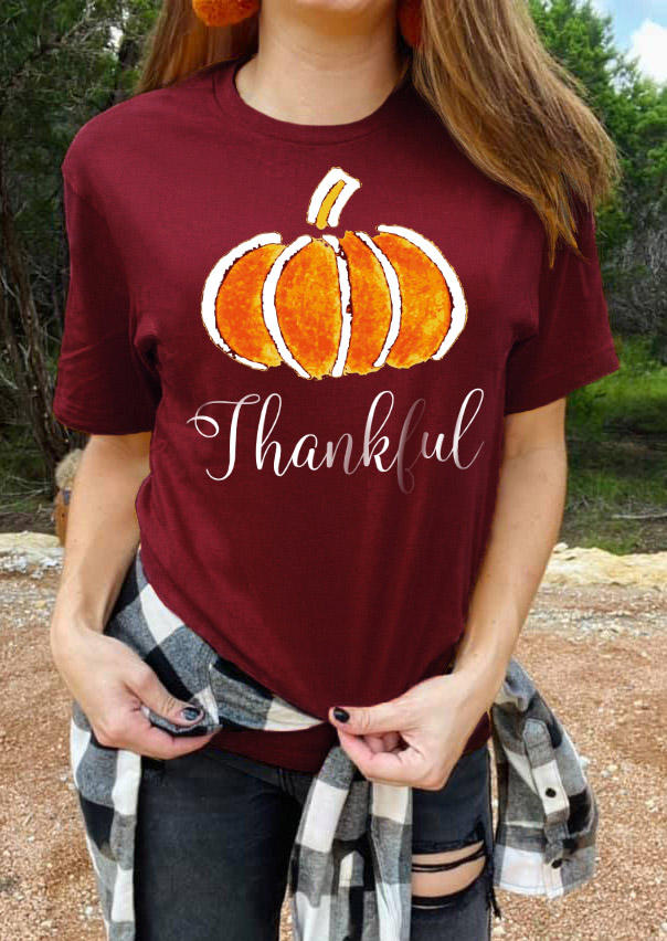 Thankful Pumpkin O-Neck T-Shirt Tee - Burgundy