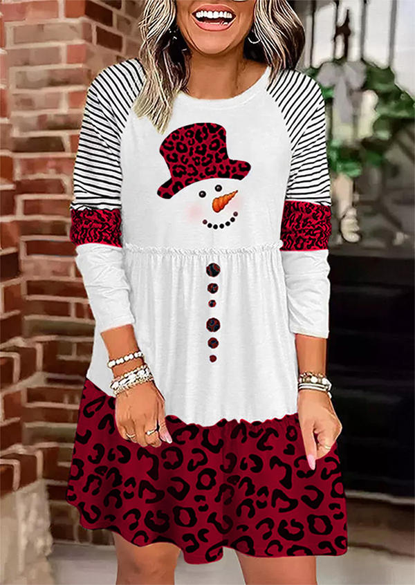 

Christmas Snowman Leopard Striped Ruffled Mini Dress, Multicolor, SCM021396