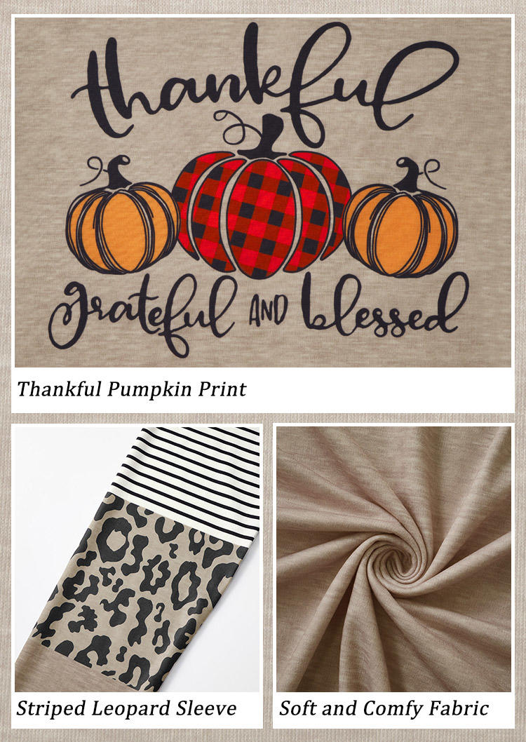 Thankful Striped Leopard Plaid Pumpkin T-Shirt Tee - Light Khaki